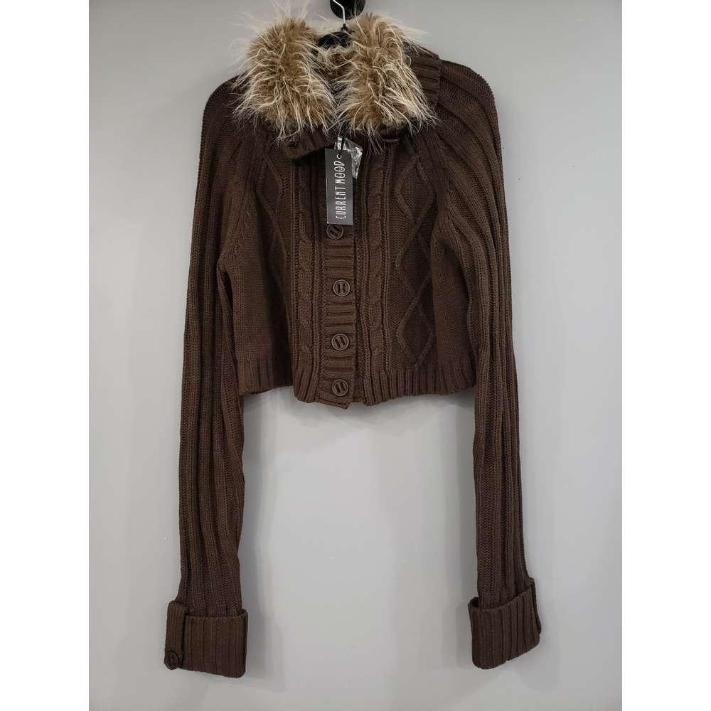 NEW Current Mood Dolls RIB KNIT FAUX FUR CROPPED BROWN SWEATER CARDIGAN